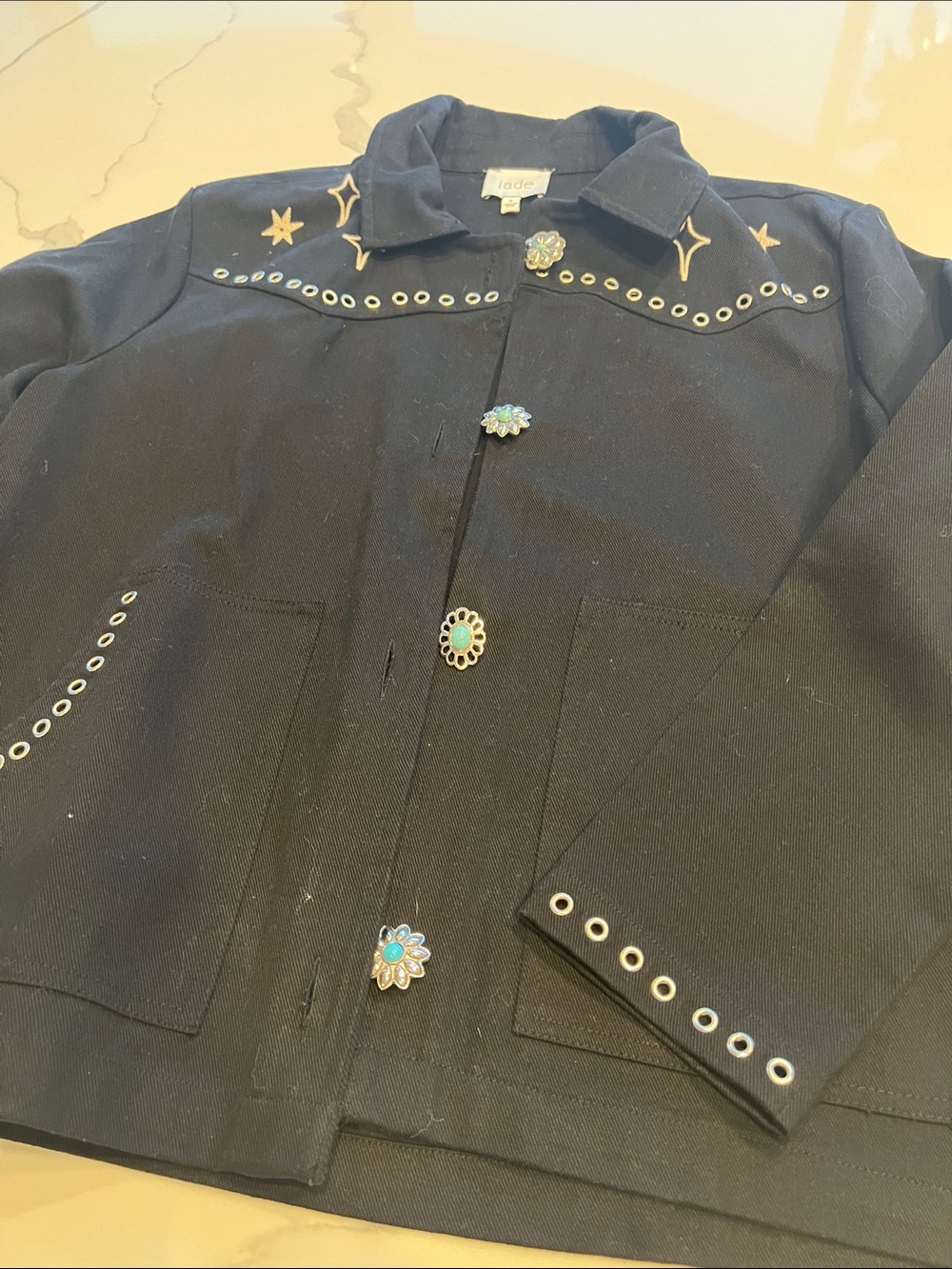 Johnny Was Black Western Eyelet Jacket with Turquoise Flower Buttons